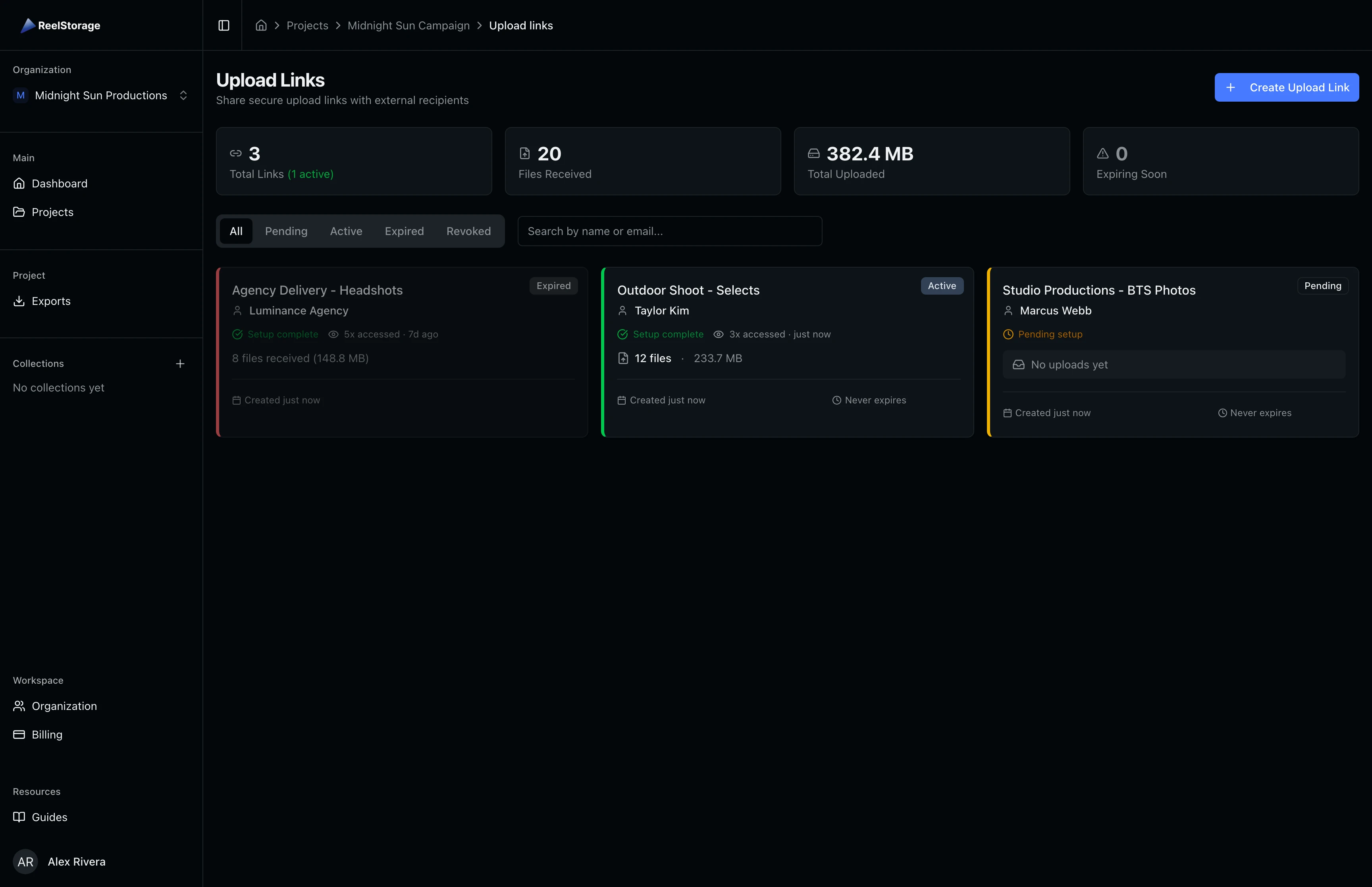 Upload Links page showing three link cards with different statuses and upload statistics