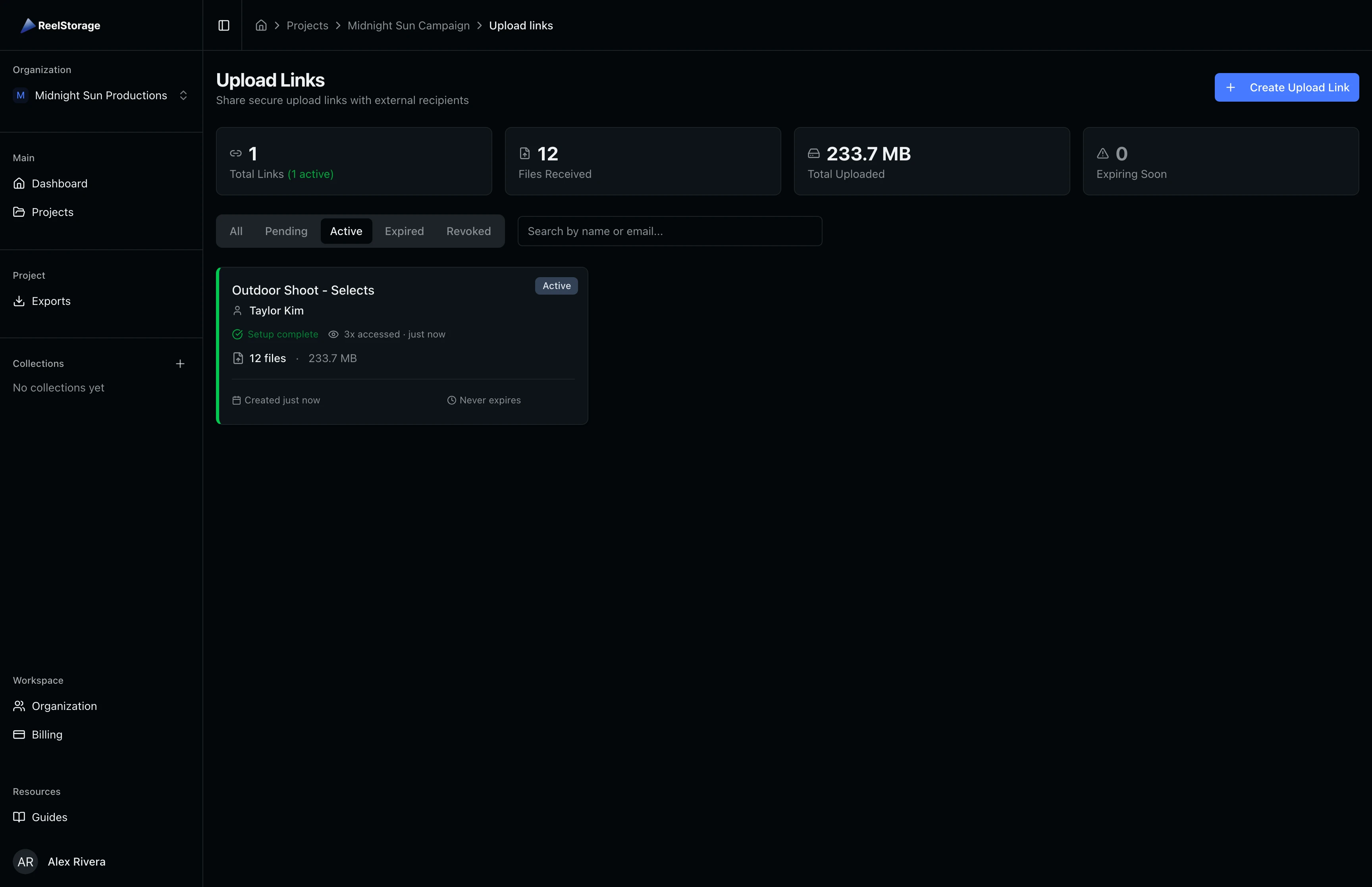 Upload Links page filtered to show only Active links