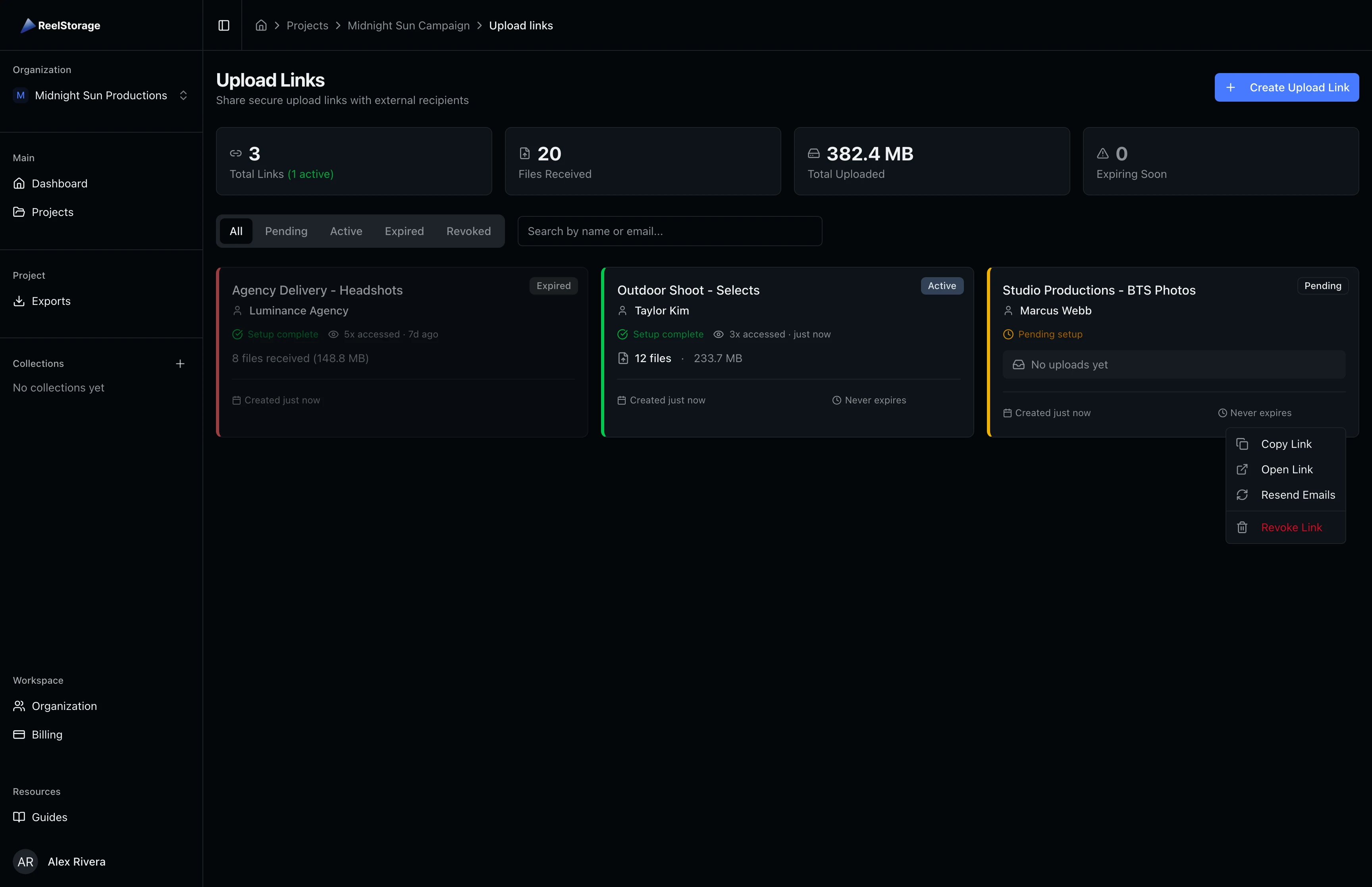 Upload link card with the actions dropdown menu showing Copy Link, Open Link, Resend Emails, and Revoke Link options